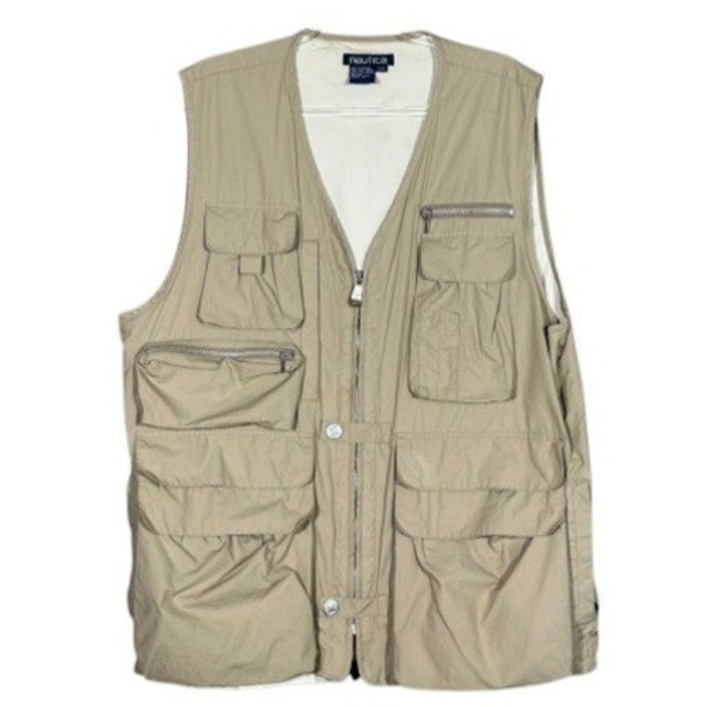Nautica Utility Fishing Vest Mens XL Tan Beige Gorpcore Multi-Pocket Safari